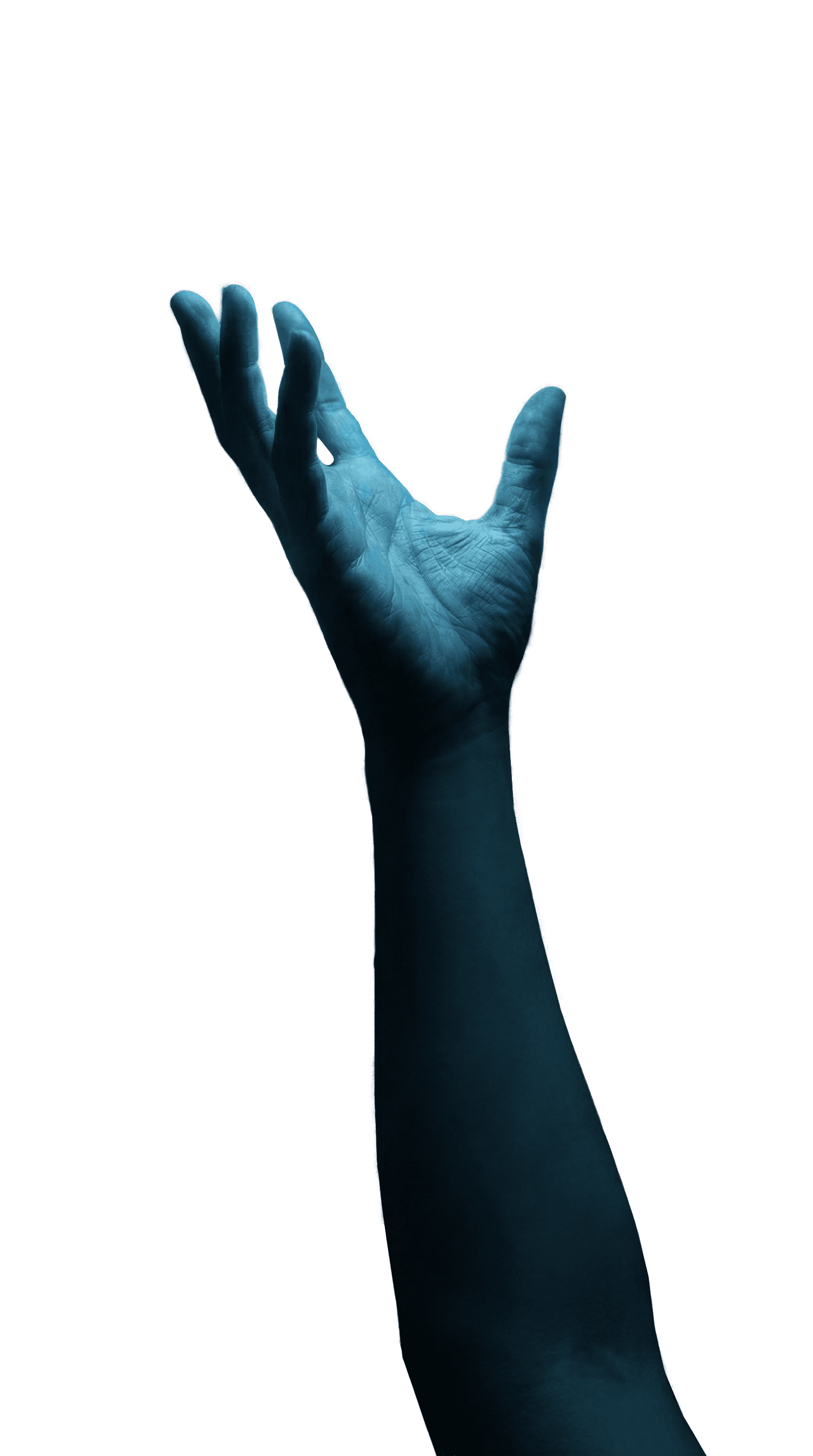 A hand reaching upwards towards a glowing blue orb